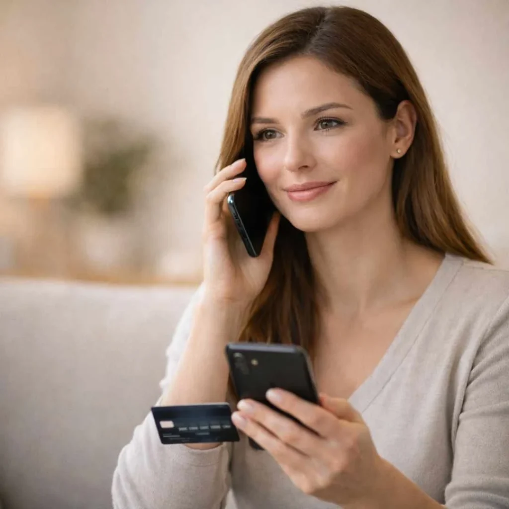 Woman calling bank to confirm PMUSA charge on credit card