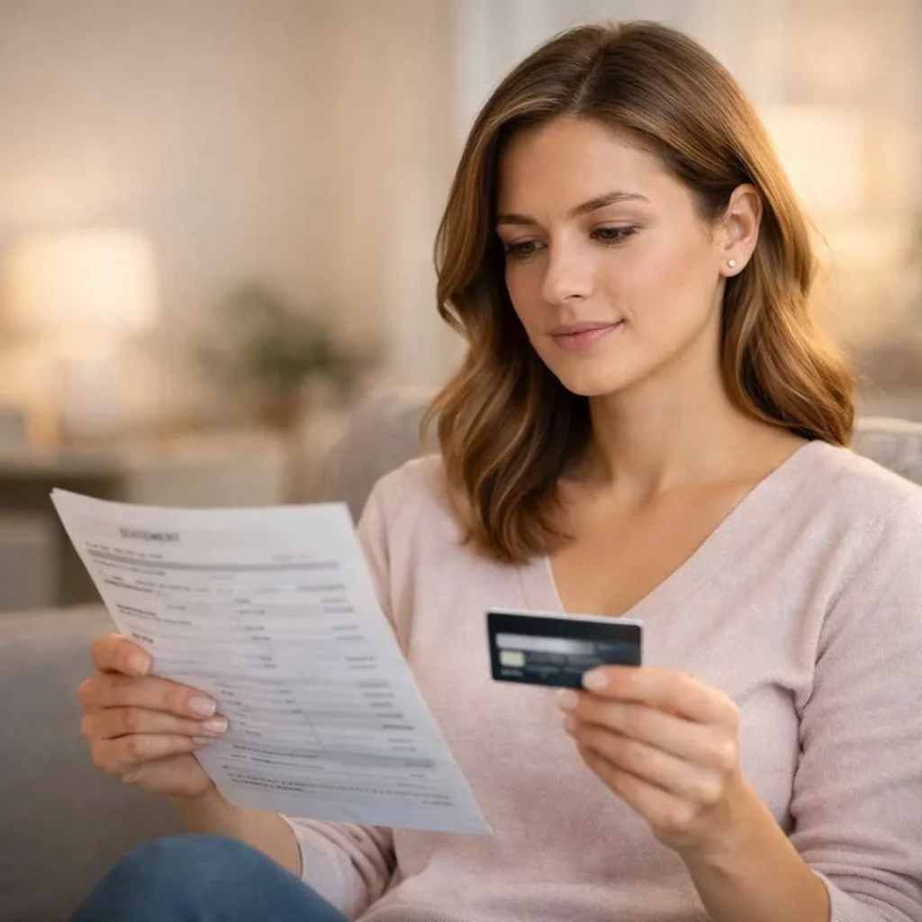 Woman reviewing a credit card statement after noticing a Techniart Inc charge