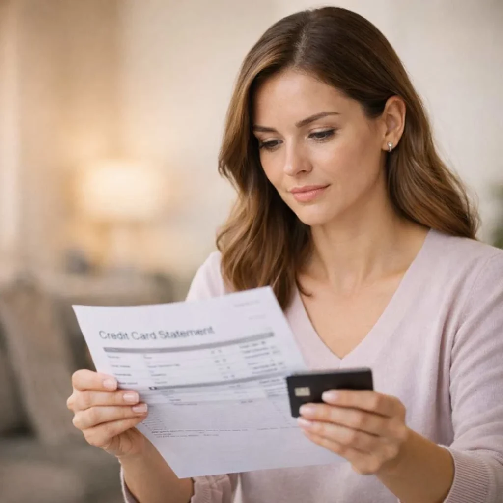 Woman reviewing credit card statement to verify Zen Meditation LLC charge