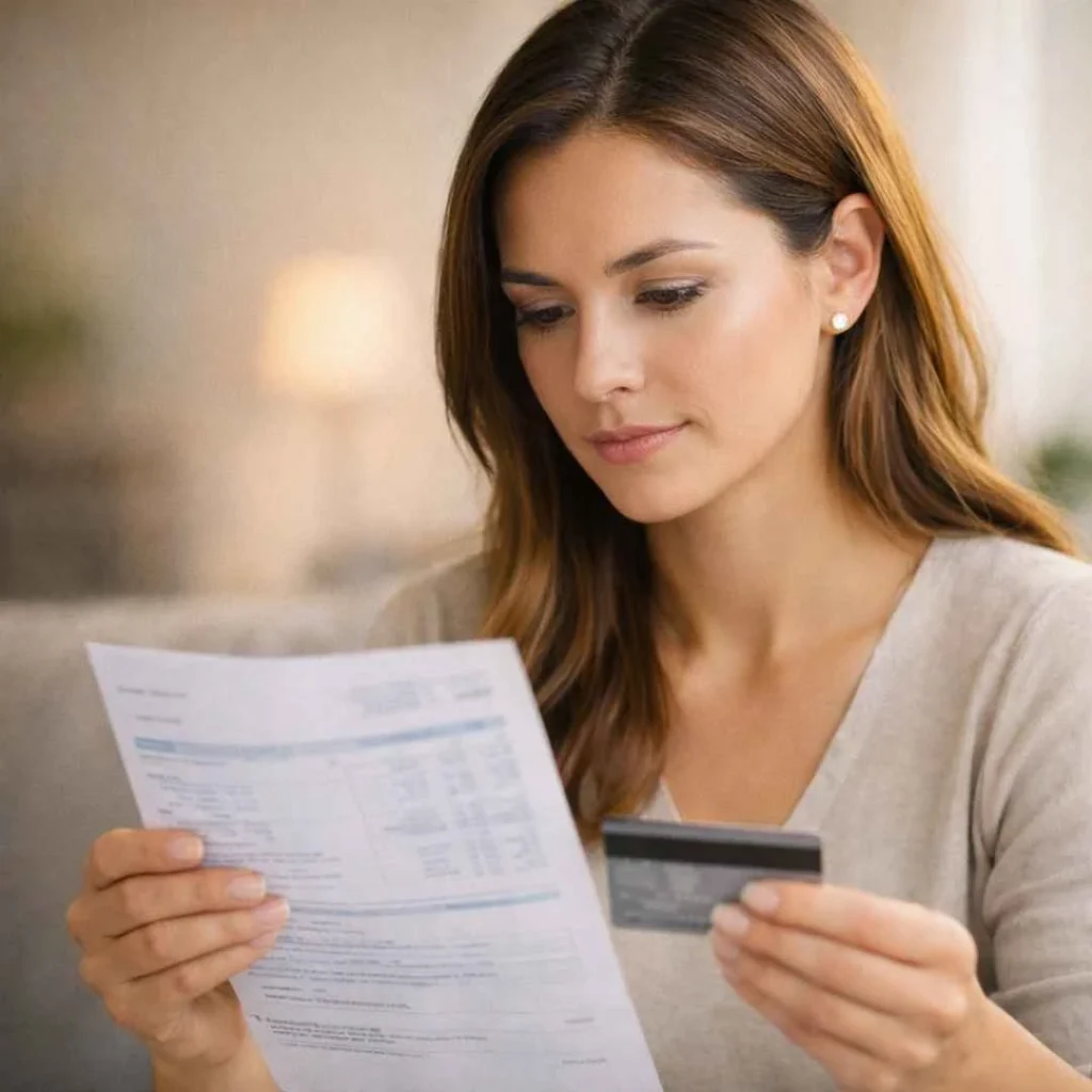 Woman carefully reviewing a credit card statement related to a web network solutions credit card charge
