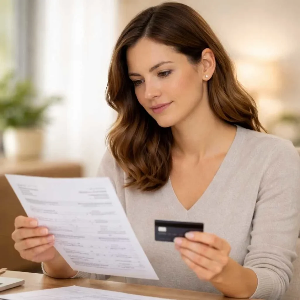 Woman reviewing a bank statement to identify a Willows and Pines credit card charge