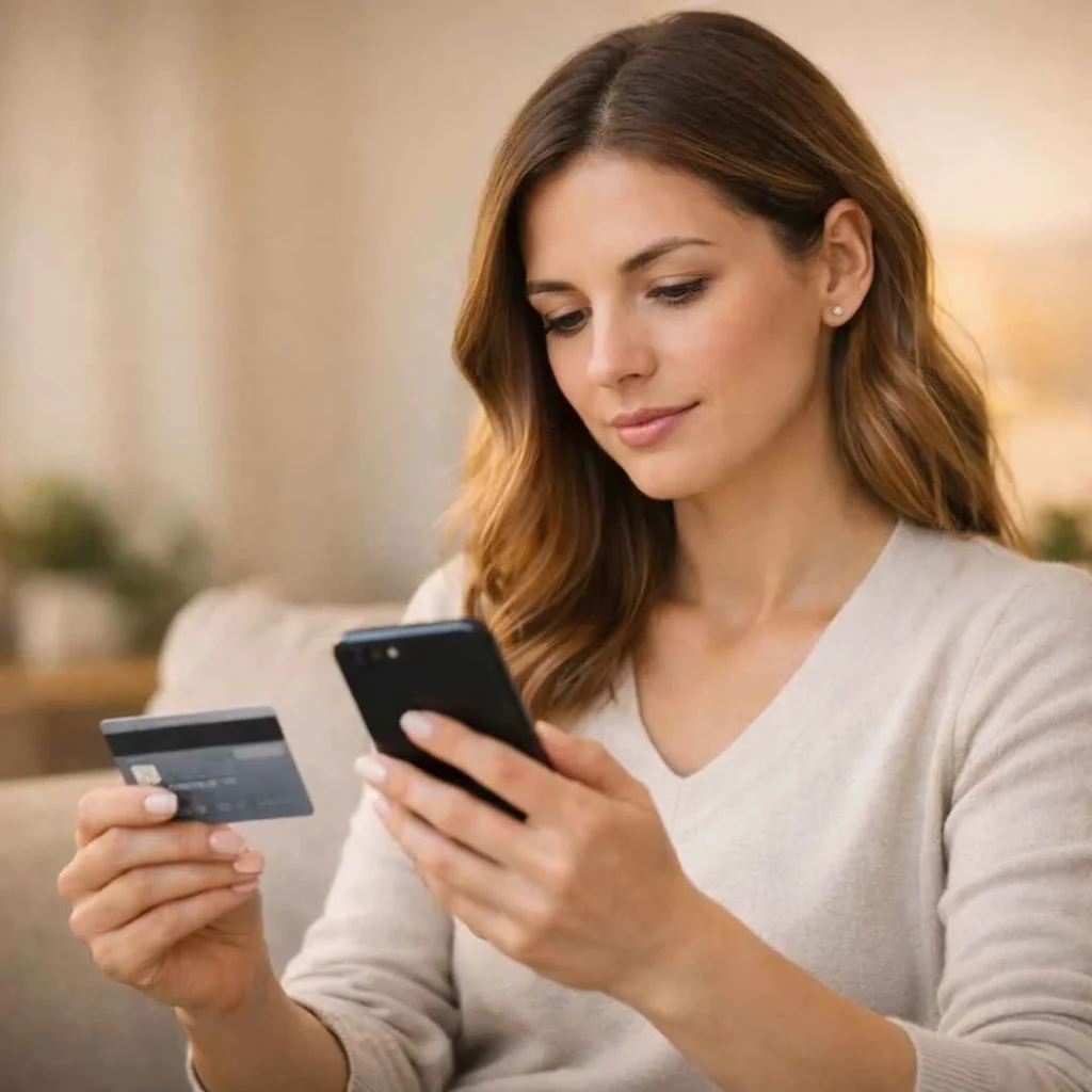 Woman checking Somuwat XYZ charge on credit card statement using smartphone
