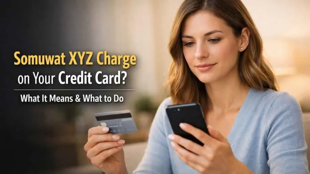 Woman reviewing Somuwat XYZ charge on credit card using smartphone and debit card