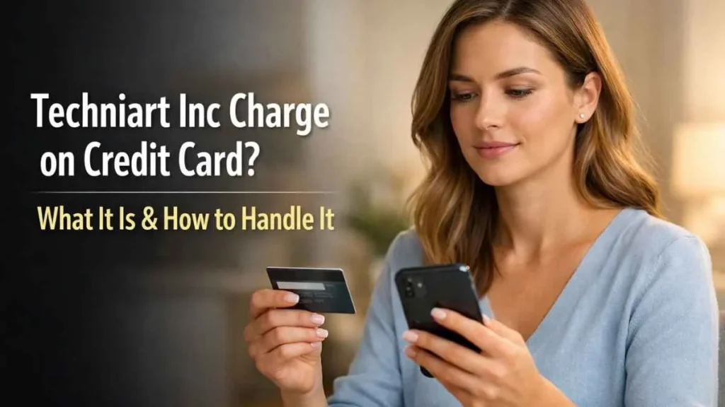 American woman reviewing a Techniart Inc credit card charge on her smartphone
