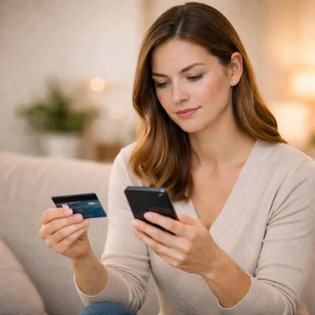 Man checking an unknown credit card charge on his smartphone while holding a credit card