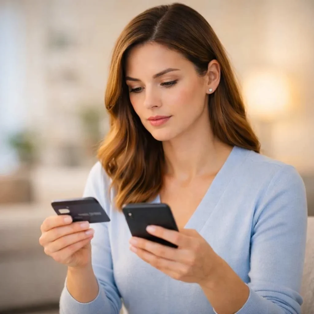 American woman calmly verifying an ABCOM charge on credit card with bank support