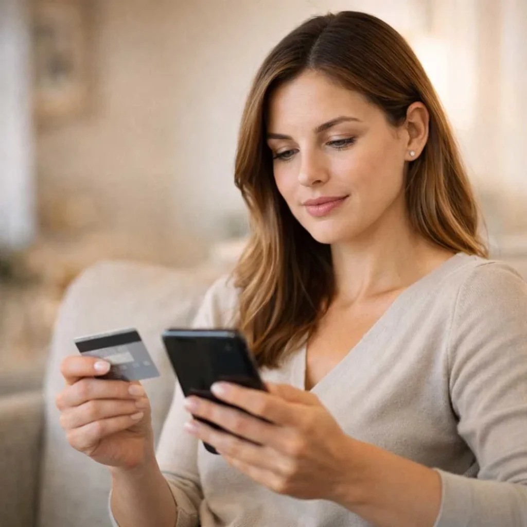 Woman verifying DECIEM USA LLC credit card charge on her smartphone at home
