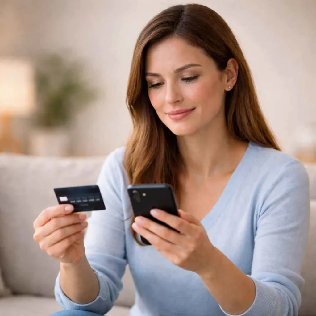 Man verifying PMUSA charge on credit card using smartphone