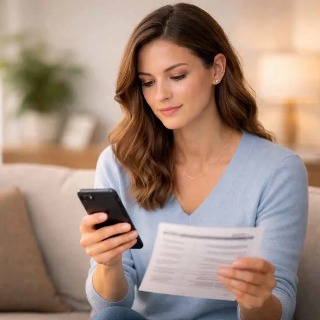 American woman verifying a Sensate Inc charge on her credit card using her smartphone
