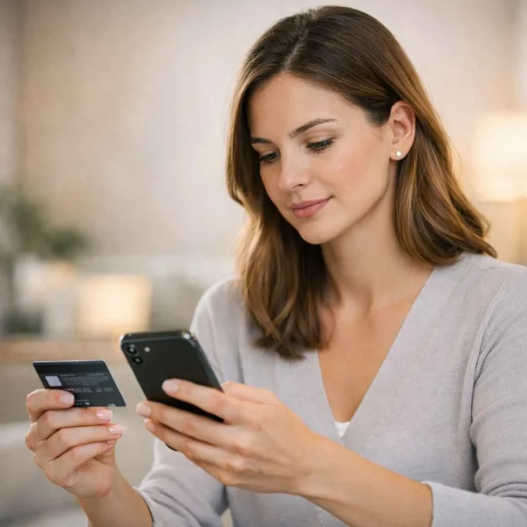 Woman verifying vi coverage charge on credit card using smartphone in a calm home setting.