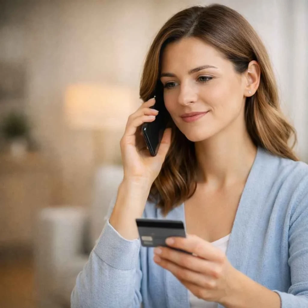 American woman contacting bank support to verify workpoints charge on credit card