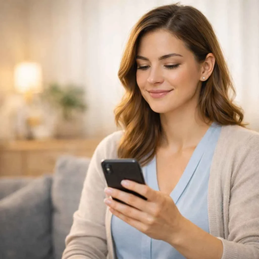 American woman verifying zynga dragon charge on credit card using smartphone in a calm home setting