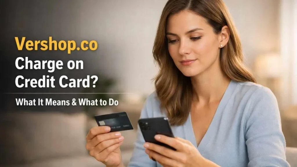 Woman checking unfamiliar vershop.co credit card charge on smartphone