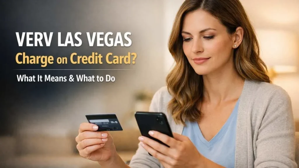 Woman reviewing a VERV Las Vegas charge on credit card while checking an unfamiliar transaction