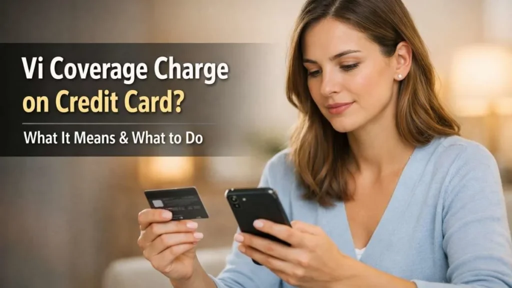 Vi coverage charge on credit card explained – American woman reviewing an unfamiliar credit card charge calmly.