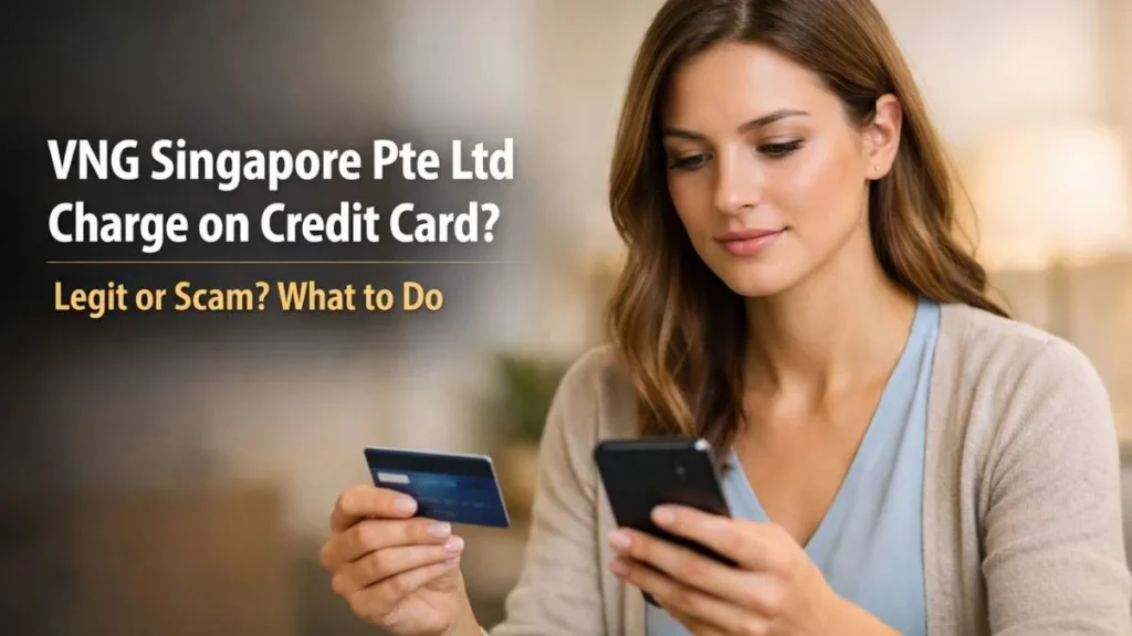 Woman reviewing VNG Singapore Pte Ltd charge on credit card to check if the transaction is legitimate or a scam