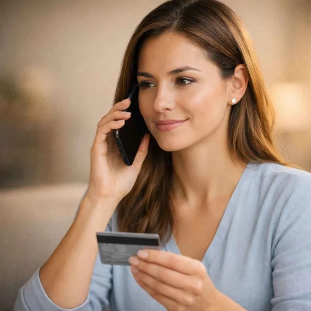 American woman calling her bank to resolve a web network solutions credit card charge
