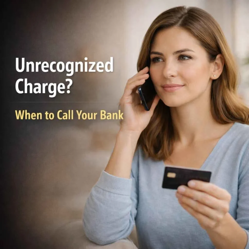 Woman calling bank about an unrecognized aburi sushi credit card charge