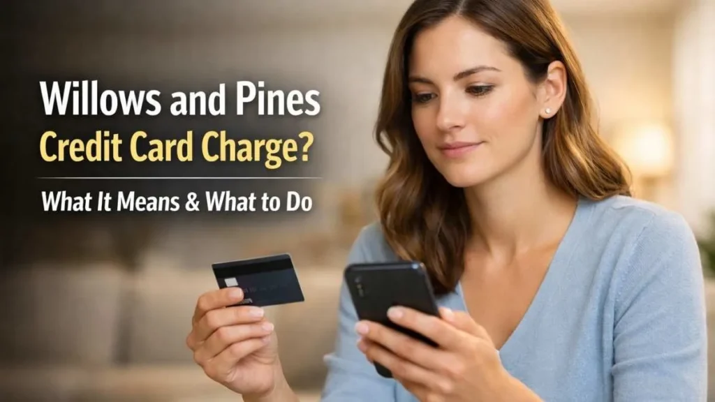 Woman reviewing a Willows and Pines credit card charge on her smartphone while holding a credit card in a calm, professional setting
