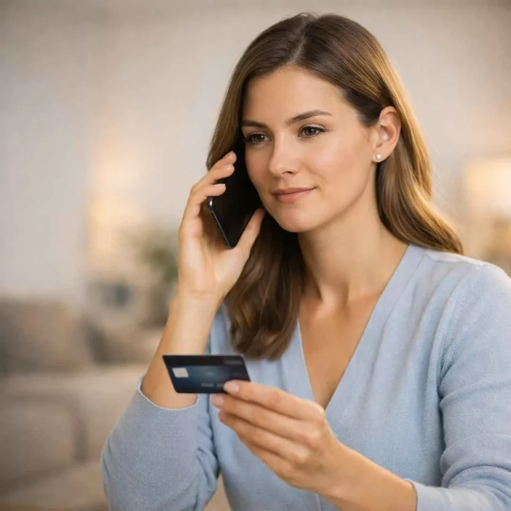 Woman calling bank to dispute vershop.co charge on credit card at home