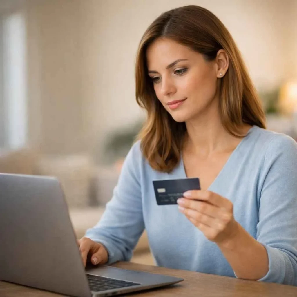 Woman checking credit card statement for Gannett Media charge on credit card