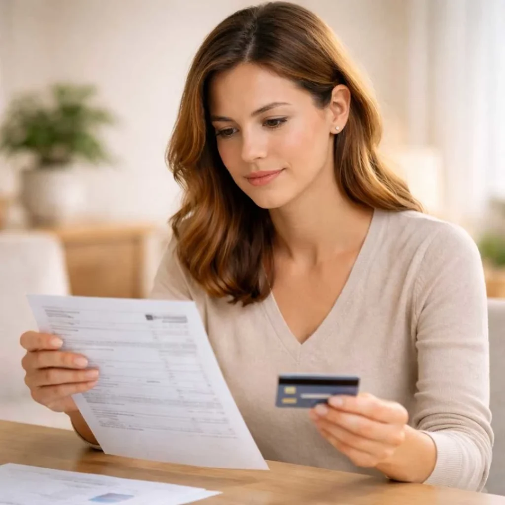 American woman reviewing credit card statement after noticing yourpfi.us charge