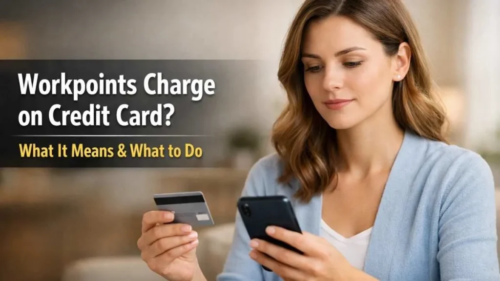 American woman reviewing an unfamiliar workpoints charge on credit card using smartphone and credit card