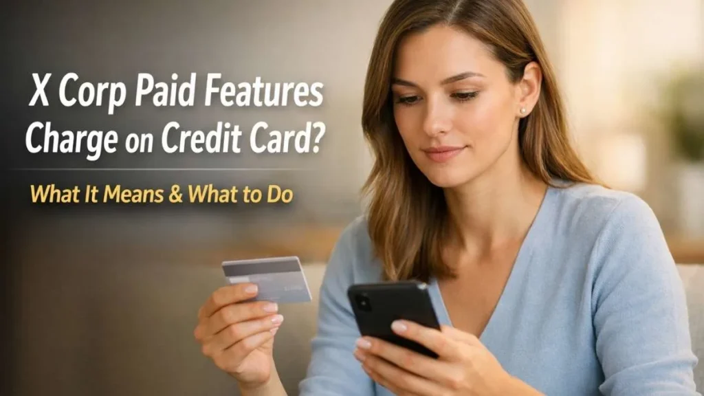X Corp paid features charge on credit card explained by a woman reviewing an unfamiliar transaction on her smartphone
