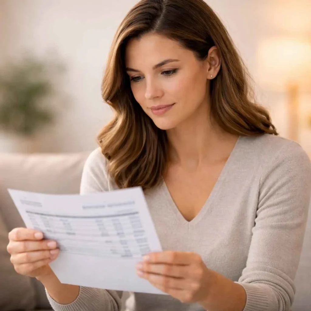 American woman reviewing credit card statement for an xgamer club charge on credit card