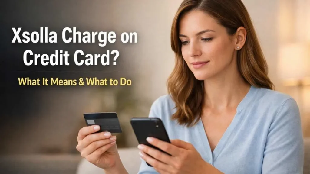 Woman reviewing xsolla charge on credit card while checking phone, explaining what it means and what to do in the USA.
