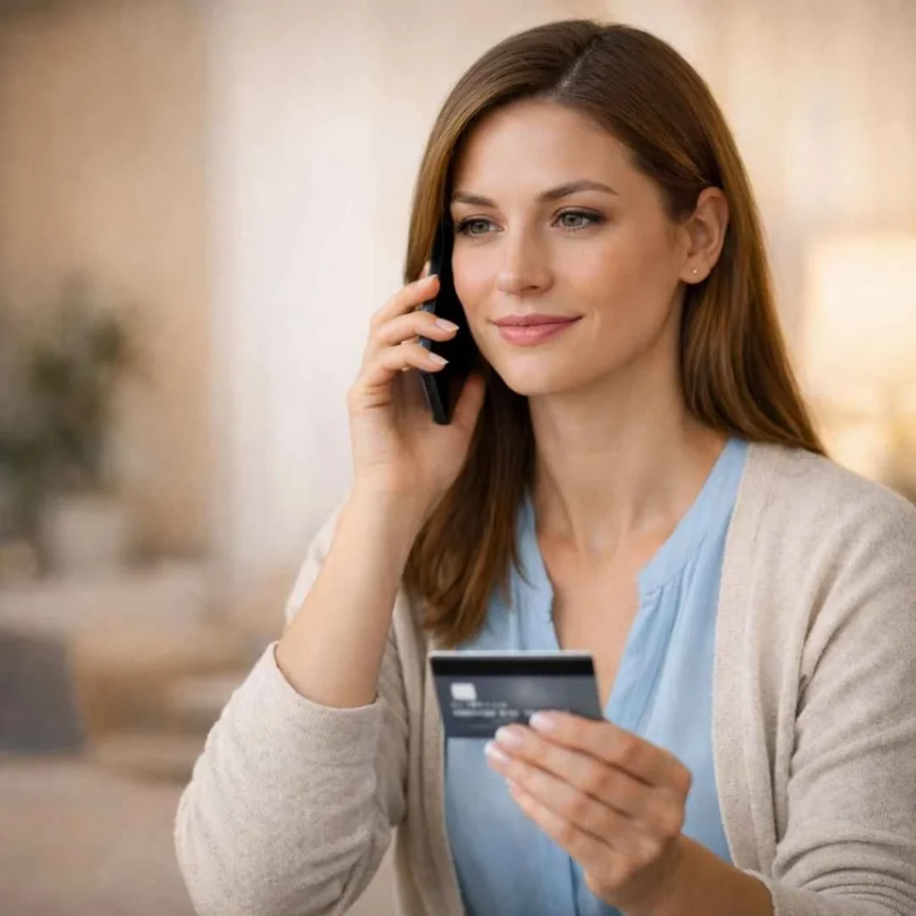 Woman calling bank customer support about YAKL charge on credit card