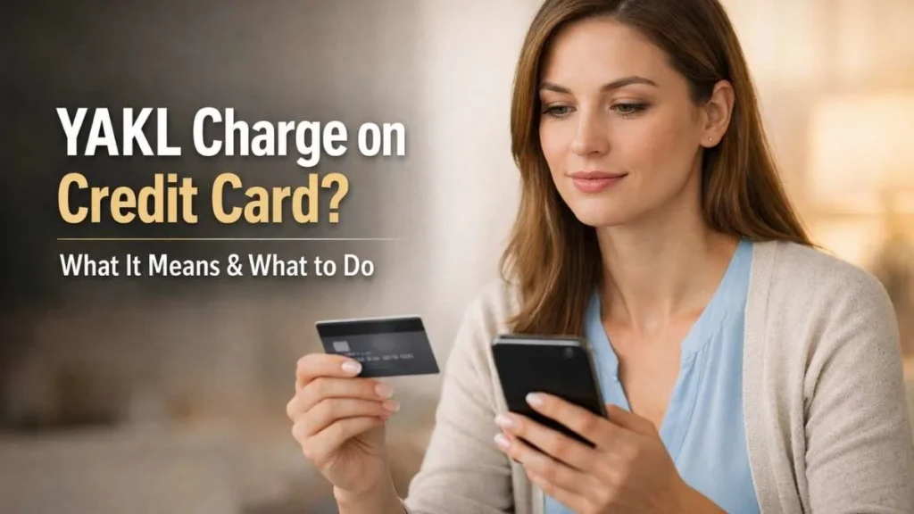 Woman reviewing YAKL charge on credit card while checking transaction details on smartphone