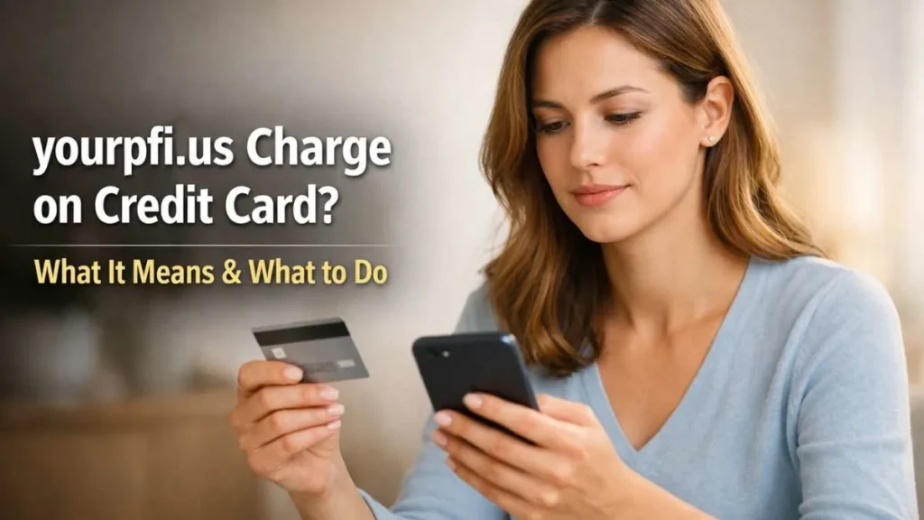 Confident American woman reviewing yourpfi.us charge on credit card using smartphone and credit card