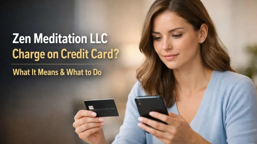 Zen Meditation LLC charge on credit card explained, woman reviewing unknown transaction calmly
