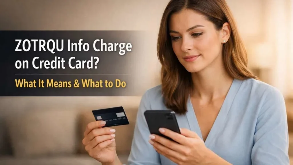 Confident American woman reviewing an unfamiliar zotrqu info charge on credit card at home