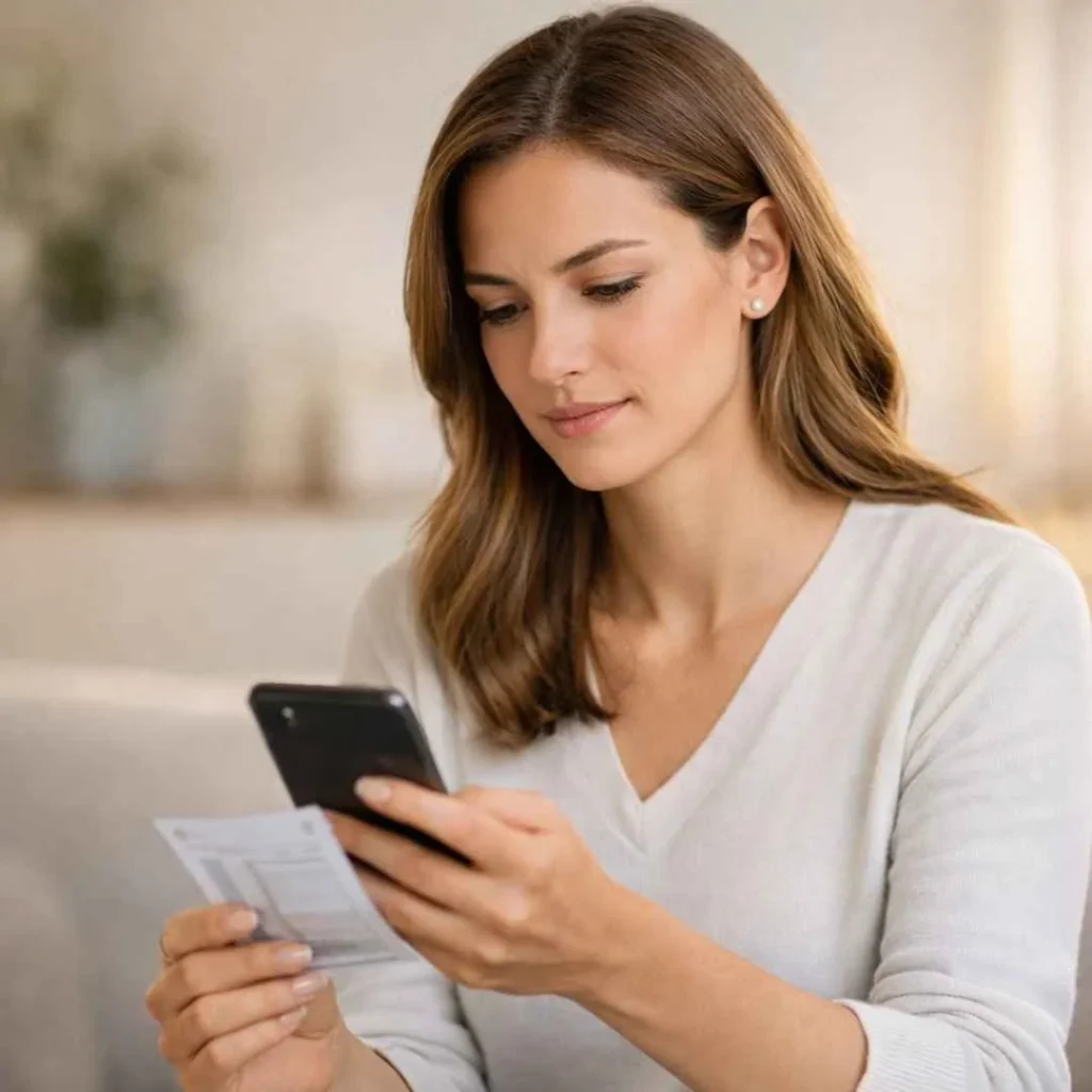 American woman reviewing a bank statement related to a ZTL charge on credit card