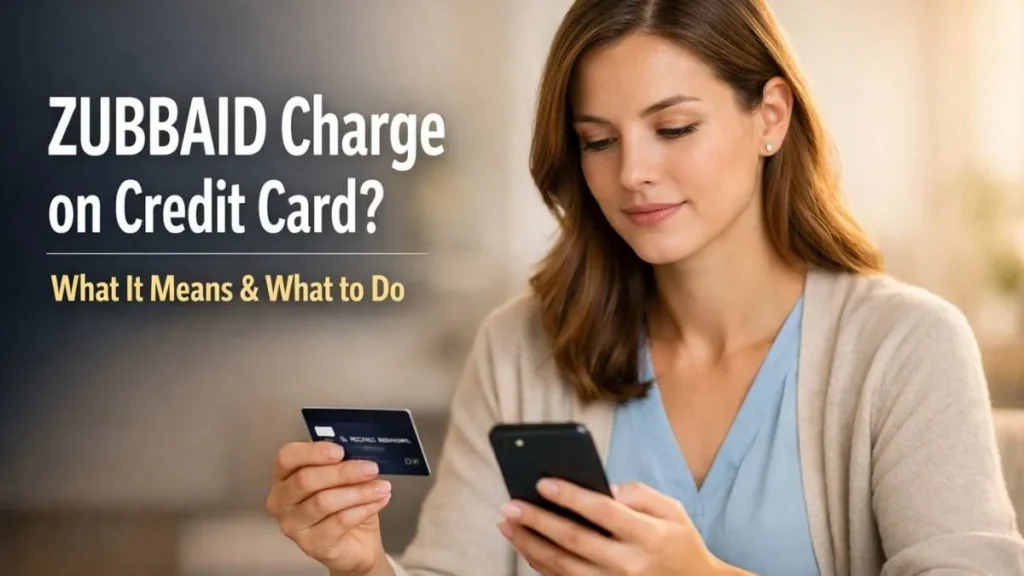 Woman reviewing zubbaid charge on credit card on smartphone in the United States