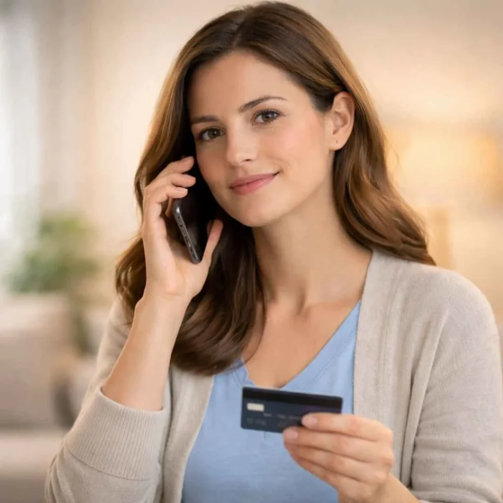 American woman resolving zynga dragon charge on credit card by contacting bank support calmly