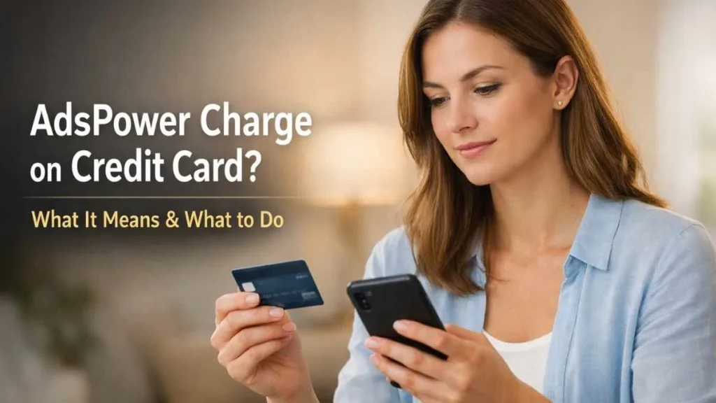 AdsPower charge on credit card explained as a confident American woman reviews a credit card charge calmly in a modern indoor setting