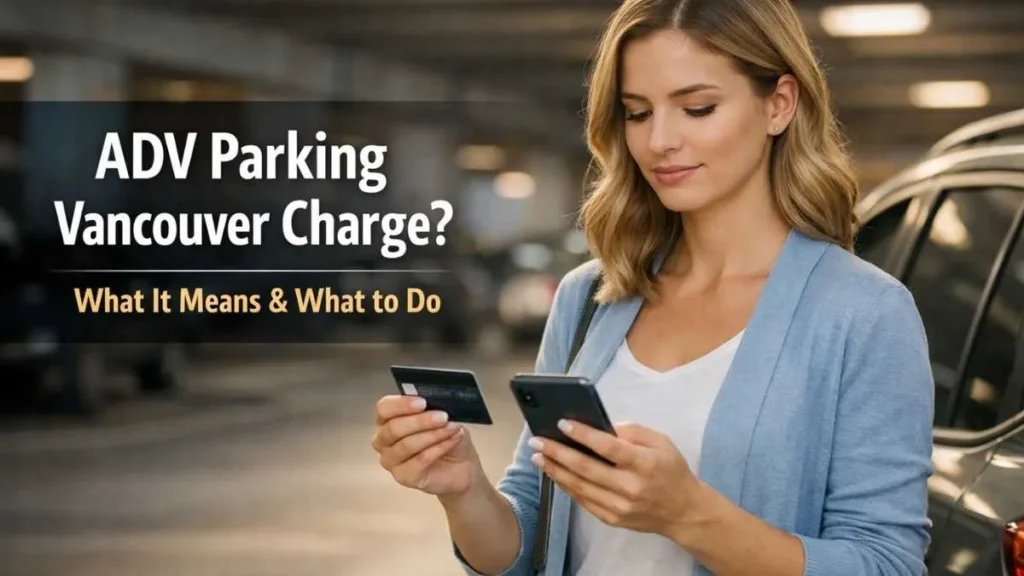 Woman reviewing adv parking vancouver charges on credit card in a modern parking area