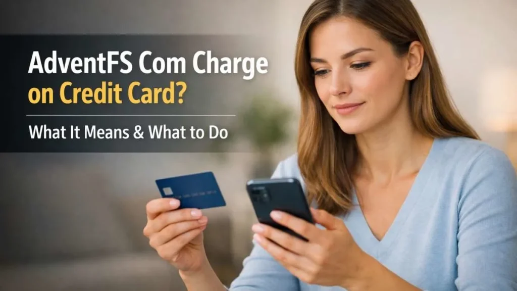 Woman reviewing adventfs com charge on credit card in the USA, explaining what the charge means and how to handle it