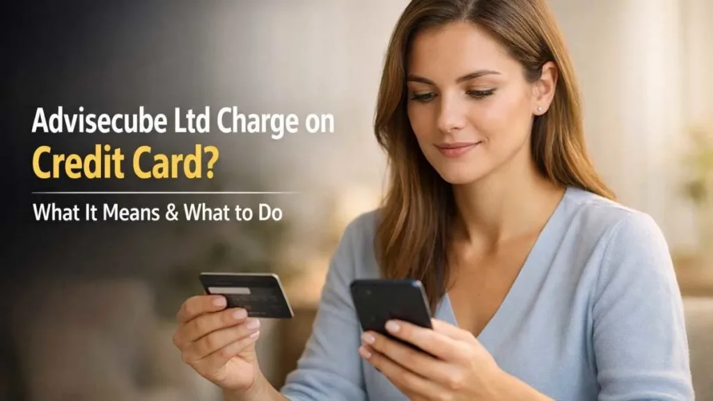 Confident American woman reviewing an advisecube ltd charge on credit card using smartphone and credit card