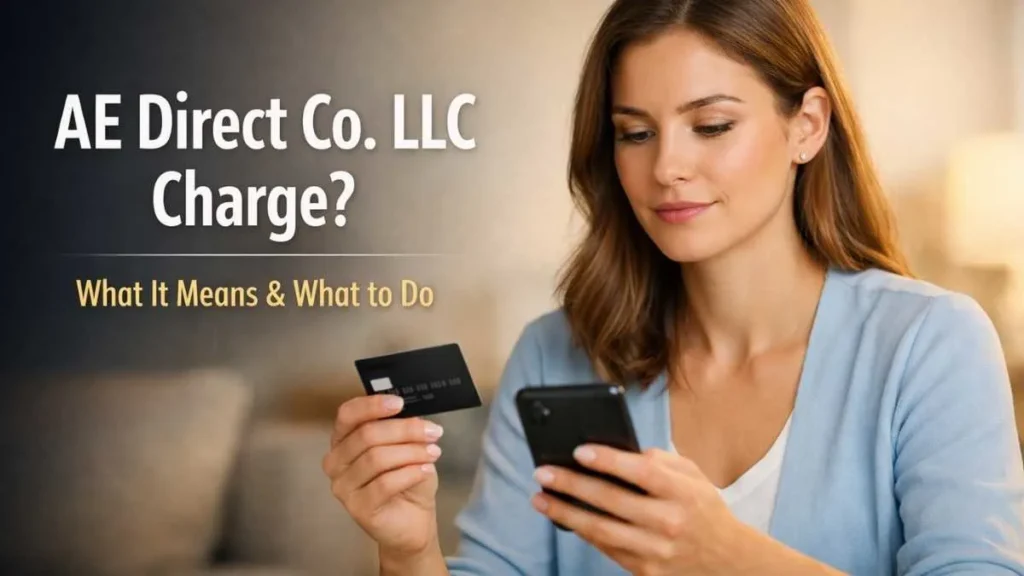 American woman reviewing an ae direct co llc credit card charge on her smartphone while holding a credit card at home