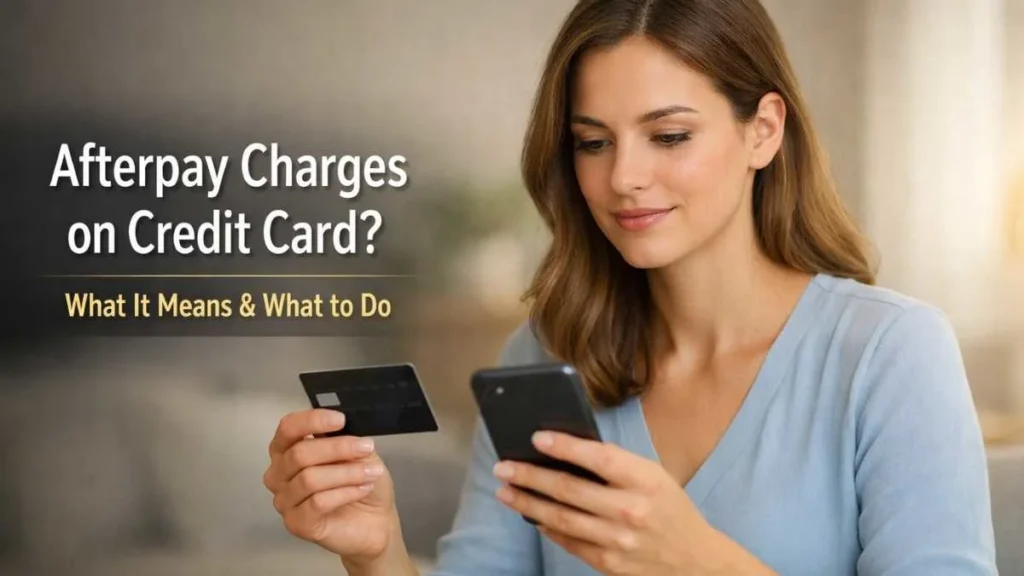 Woman reviewing Afterpay charges on credit card using smartphone, explaining what the charge means and what to do