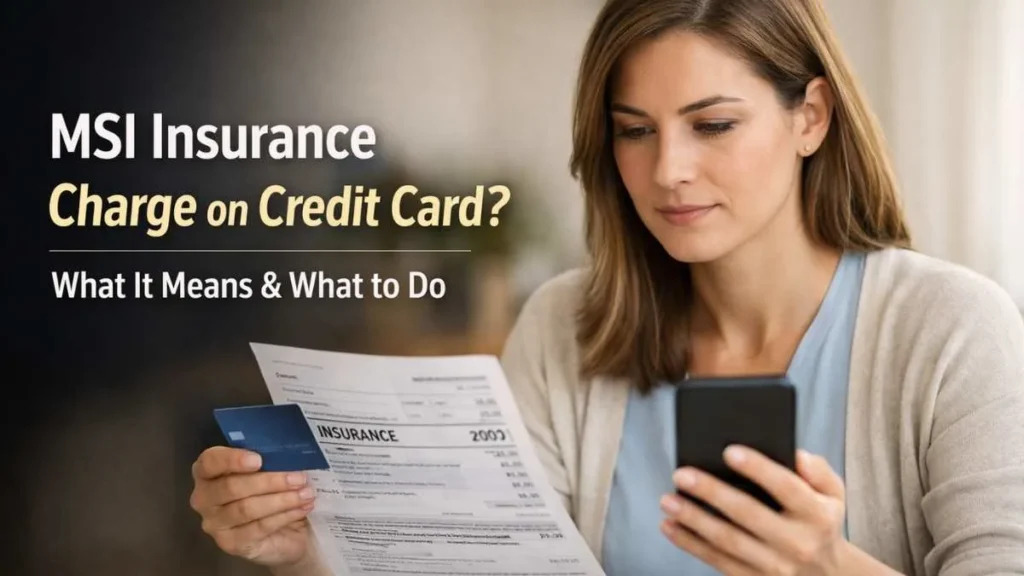 Confident woman reviewing MSI insurance charge on credit card statement, explaining what it means and what to do.