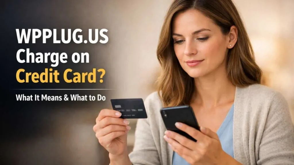 Woman reviewing an unfamiliar WPPLUG.US charge on credit card using her smartphone at home