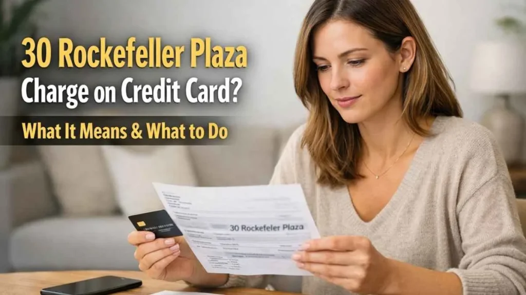 Woman checking credit card statement with 30 Rockefeller Plaza charge on credit card
