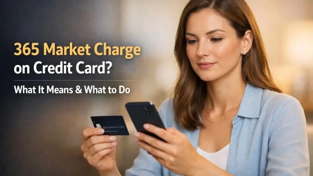 Woman checking 365 market charge on credit card using phone and card, explaining what it means and how to verify if it is legit