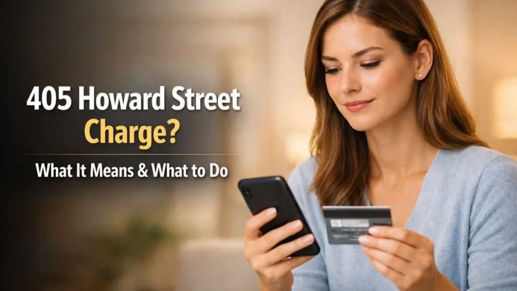 Woman checking 405 Howard Street San Francisco charge on credit card using smartphone, explaining unknown transaction in a calm and secure way