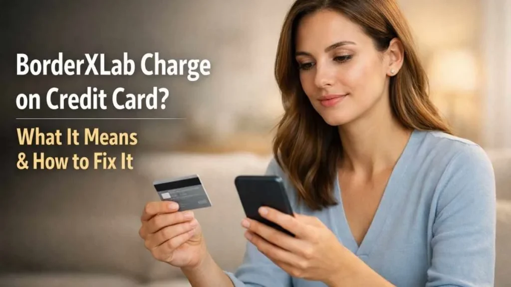 Woman checking BorderXLab charge on credit card using smartphone explaining what the charge means and how to fix it